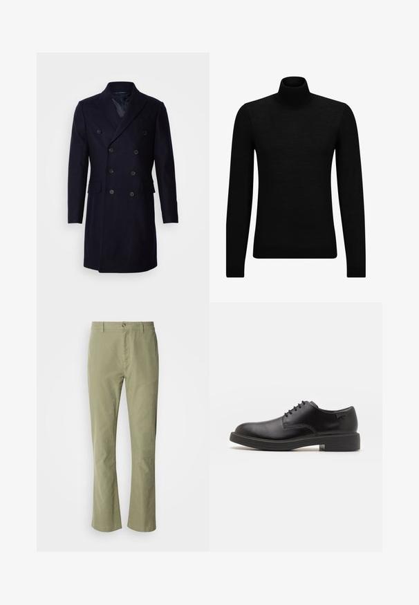 Isaac Dewhirst LONG PEA COAT - Klassisk kåpe / frakk - navy; Svart genser med høy hals laget av mykt materiale, med lange ermer og en tettsittende passform. Ribbestrikket kant nederst og ved ermene. Enkelt design.; Lys grønne bomullsbukser med rett ben-design, som har en frontknapplukking og subtil tekstur. Ingen synlige mønstre eller detaljer.; Svart lær snøre sko med rund tå, glatt tekstur, minimal søm, og lav gummihæl. Logo på hælen.