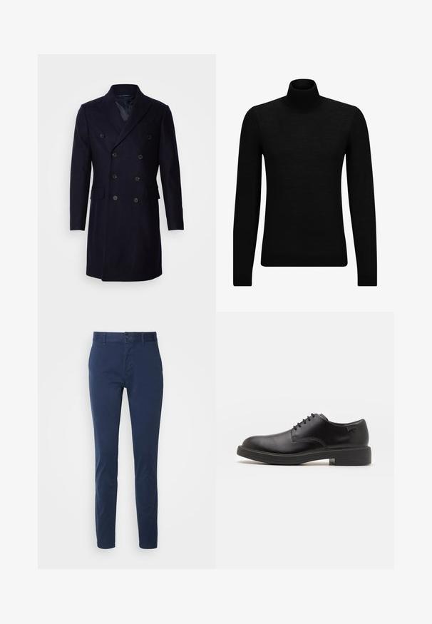 Isaac Dewhirst LONG PEA COAT - Casaco clássico - navy; Pulôver de gola alta preto, feito de material suave, com mangas longas e ajuste justo. Acabamento canelado na barra e punhos. Design simples.; Chinos azul-marinho feitos de algodão, com um design ajustado, pernas retas, fecho de botão e passantes para cinto. Textura suave, sem padrões visíveis.; Sapatilha preta em couro, com atilhos, ponta arredondada, textura suave, costura mínima e um salto baixo em borracha. Logotipo no calcanhar.