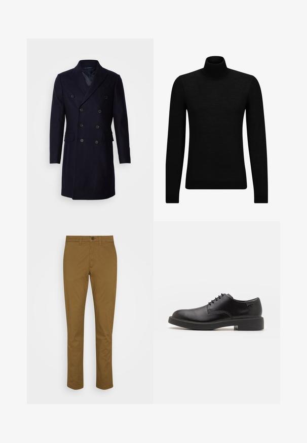 Isaac Dewhirst LONG PEA COAT - Klasický kabát - navy; Černý rolák vyrobený z měkkého materiálu, s dlouhými rukávy a těsným střihem. Hladký lem na spodním okraji a manžetách. Jednoduchý design.; Hnědé chinos z bavlny, s rovnýma nohama, zapínáním na knoflík a předními kapsami. Hladká textura s minimálními detaily.; Černé kožené šněrovací boty s kulatou špičkou, hladkým povrchem, minimálním prošíváním a nízkým gumovým podpatkem. Logo na patě.