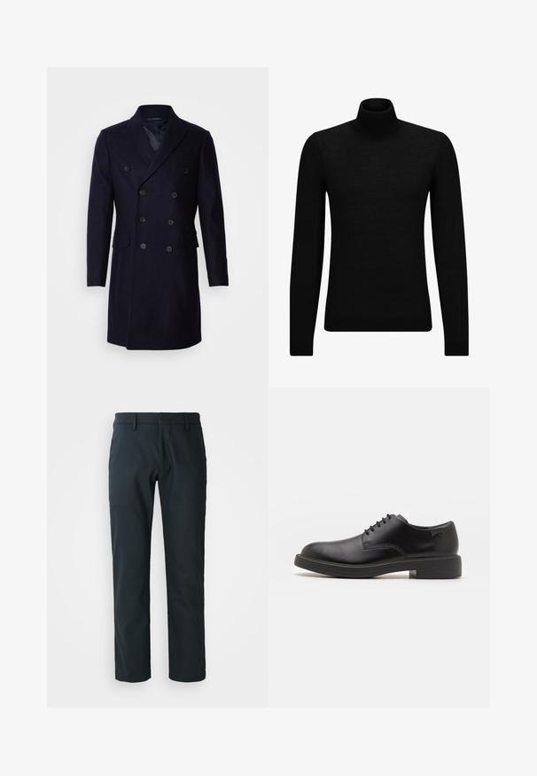 Isaac Dewhirst LONG PEA COAT - Klassischer Mantel - navy; Schwarzer Rollkragenpullover aus weichem Material mit langen Ärmeln und enger Passform. Rippbesatz am Saum und an den Bündchen. Einfaches Design.; Schwarze, gerade Beine Hose aus glattem Stoff; ausgestattet mit Gürtelschlaufen und einem flachen Vorderdesign. Seitentaschen inklusive.; Schwarzer Leder-Schnürschuh mit abgerundetem Zeh, glatter Textur, minimaler Naht und niedrigem Gummiabsatz. Logo auf der Ferse.