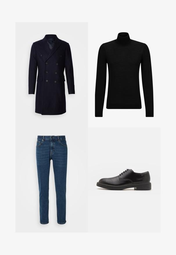 Isaac Dewhirst LONG PEA COAT - Casaco clássico - navy; Pulôver de gola alta preto, feito de material suave, com mangas longas e ajuste justo. Acabamento canelado na barra e punhos. Design simples.; Calças de ganga azuis de corte reto, com design de cinco bolsos e detalhes de costura subtis. Textura suave com um aspeto clássico e versátil.; Sapatilha preta em couro, com atilhos, ponta arredondada, textura suave, costura mínima e um salto baixo em borracha. Logotipo no calcanhar.