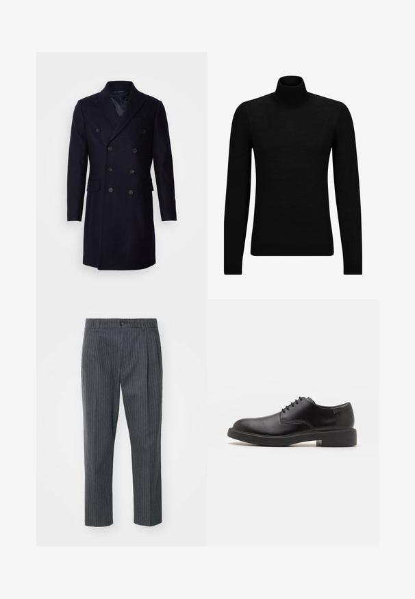 Isaac Dewhirst LONG PEA COAT - Klasisks mētelis - navy; Melnā augstā kakla džemperis, kas izgatavots no mīksta materiāla, ar garām piedurknēm un pieguļušu piegriezumu. Ribota apdare ap apakšu un piedurknēm. Vienkāršs dizains.; Pelēkas svītrainas bikses ar taisna kāju dizainu, ar pogu aizdari un gludu auduma tekstūru. Pielāgota piegriezuma ar krokām.; Melna āda sašūta kurpe ar noapaļotu purngalu, gludu tekstūru, minimālu šuvju skaitu un zemu gumijas papēdi. Logo uz papēža.