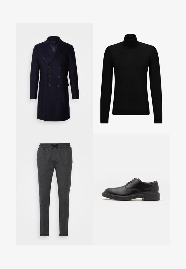 Isaac Dewhirst LONG PEA COAT - Klassisk frakke - navy; Sort turtleneck sweater lavet af blødt materiale, med lange ærmer og en tætsiddende pasform. Ribbet trim ved kanten og manchetter. Simpelt design.; Grå tapered bukser lavet af blødt stof med snøre i taljen, sidelommer og opfoldede manchetter for et afslappet look.; Sorte læder snørestøvle med rund tå, glat tekstur, minimal syning og lav gummihæl. Logo på hælen.