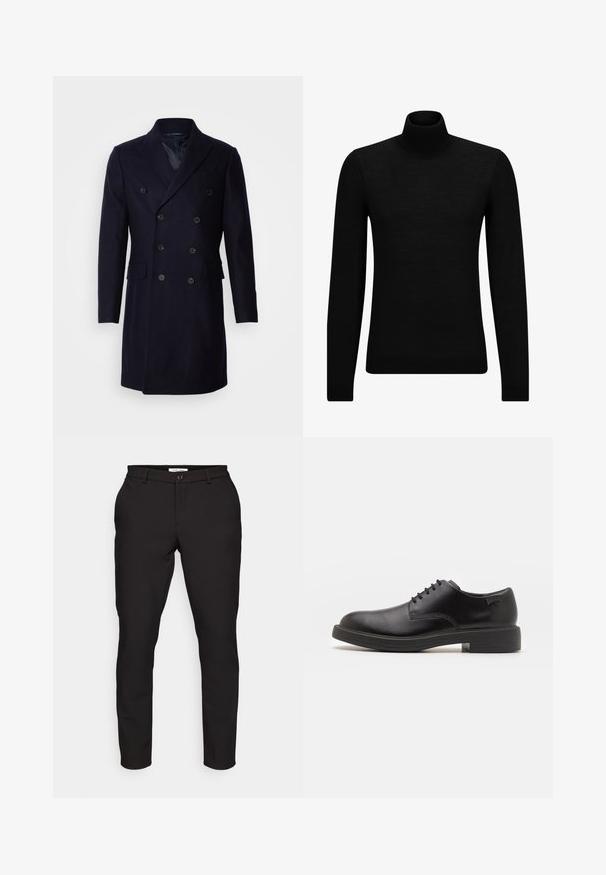 Isaac Dewhirst LONG PEA COAT - Manteau classique - navy; Pull à col roulé noir en matériau doux, avec des manches longues et une coupe ajustée. Finition côtelée au bas et aux poignets. Design simple.; Pantalons noirs ajustés avec une coupe slim. Comprend une fermeture à glissière, un bouton, des poches latérales et un tissu lisse et léger.; Chaussure noire en cuir à lacets avec un embout arrondi, texture lisse, piqures minimales et un petit talon en caoutchouc. Logo sur le talon.