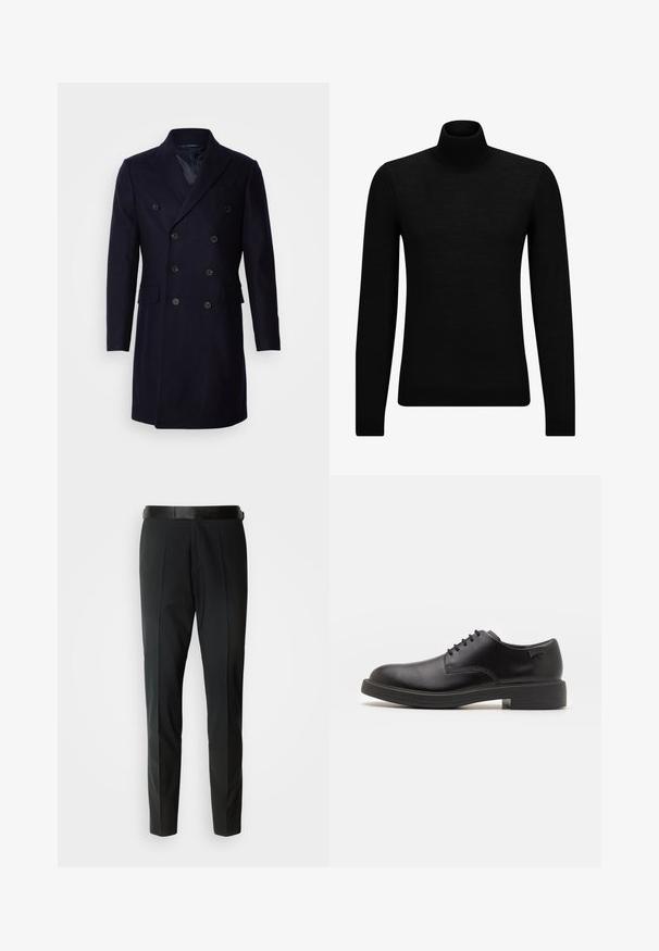 Isaac Dewhirst LONG PEA COAT - Klasszikus kabát - navy; Fekete garbó pulóver puha anyagból, hosszú ujjakkal és szoros fazonnal. Ribbed díszítés az alján és az ujjak végén. Egyszerű dizájn.; Fekete, testhezálló nadrág sima felülettel, lapos elülső résszel, diszkrét redőkkel és vékony fekete övvel.; Fekete bőrcipő, kerek orrú, sima felületű, minimális varrással és alacsony gumitalppal. Logó a sarokrészen.