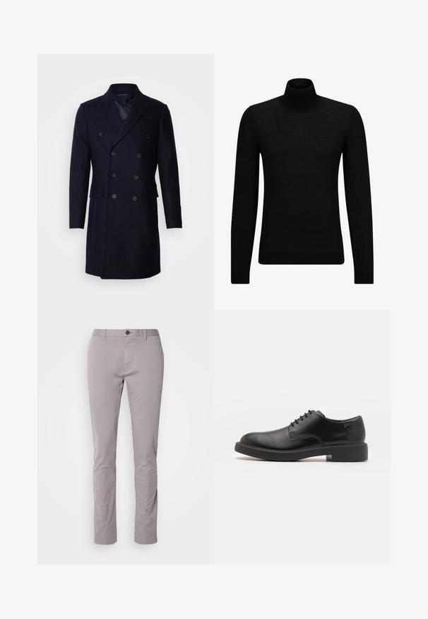Isaac Dewhirst LONG PEA COAT - Manteau classique - navy; Pull à col roulé noir en matériau doux, avec des manches longues et une coupe ajustée. Finition côtelée au bas et aux poignets. Design simple.; Pantalons en coton gris clair avec une coupe slim, devant plat et fermeture à bouton unique. Présente des lignes épurées et un minimalisme dans les détails.; Chaussure noire en cuir à lacets avec un embout arrondi, texture lisse, piqures minimales et un petit talon en caoutchouc. Logo sur le talon.