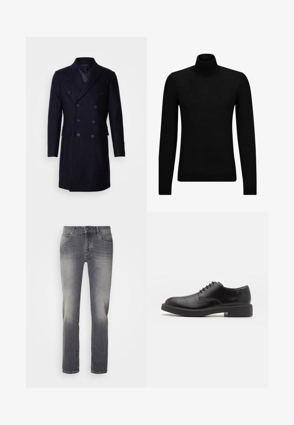 Isaac Dewhirst LONG PEA COAT - Abrigo clásico - navy; Jersey de cuello alto negro hecho de un material suave, con mangas largas y un ajuste ceñido. Ribete acanalado en el dobladillo y los puños. Diseño simple.; Pantalones de mezclilla gris con corte recto, que cuentan con desvanecidos en los muslos, diseño de cinco bolsillos y cierre de botón plateado en la cintura.; Zapato negro de cuero con cordones, punta redondeada, textura suave, costuras mínimas y tacón bajo de goma. Logo en el tacón.