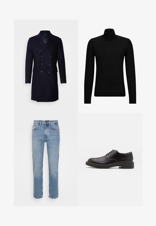 Isaac Dewhirst LONG PEA COAT - Classic coat - navy; Black turtleneck sweater made of soft material, featuring long sleeves and a snug fit. Ribbed trim at the hem and cuffs. Simple design.; Light blue denim jeans with a straight leg cut, five pockets, and a contrasting stitch. Classic button and zip closure detail at the waist.; Black leather lace-up shoe with a rounded toe, smooth texture, minimal stitching, and a low rubber heel. Logo on the heel.
