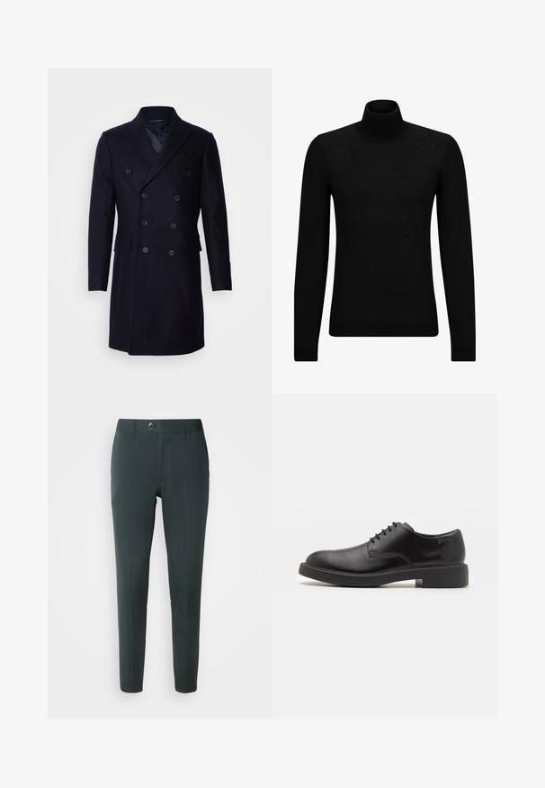 Isaac Dewhirst LONG PEA COAT - Klasikinis paltas - navy; Juodas aukšto kaklo megztinis, pagamintas iš minkštos medžiagos, su ilgomis rankovėmis ir prigludusia forma. Su raukiniais apačioje ir rankogaliuose. Paprastas dizainas.; Tamsiai žali kelnes su pritaikytu siluetu, su plokščiu priekiu, diržo kilpelėmis ir vieno mygtuko uždarymu. Lygi tekstūra, be raštų.; Juodas odinis batų modelis su raišteliais, apvaliu nosiu, lygiu paviršiumi, minimaliai siuvinėjimu ir žemu guminėmis pakulne. Ant pakulnės šalia logo.