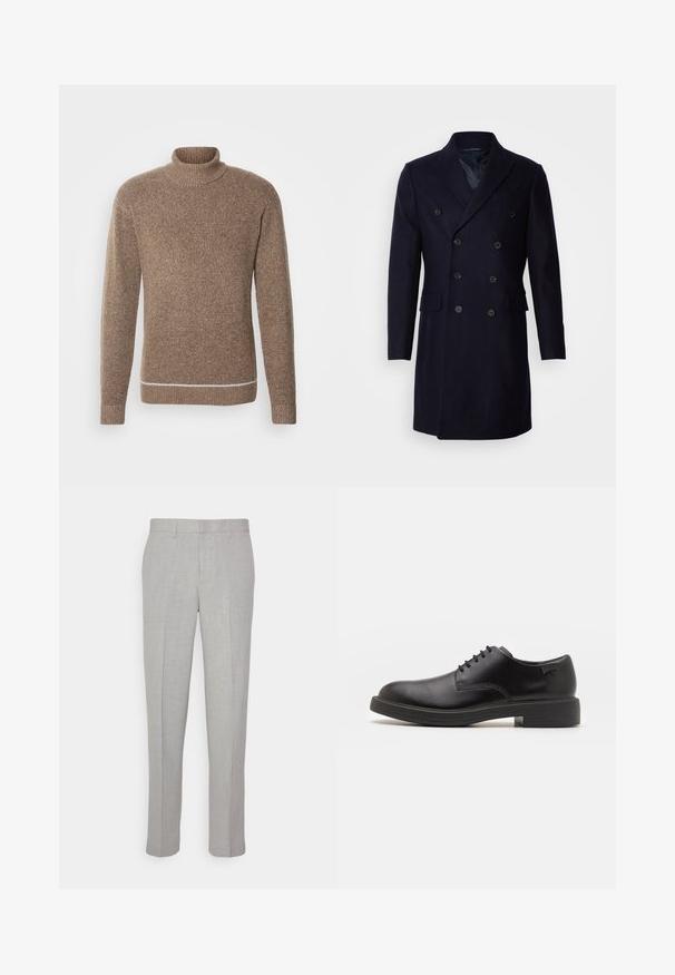 Isaac Dewhirst LONG PEA COAT - Manteau classique - navy; INDICODE JEANS Pullover - otter; Pantalons gris clair avec une texture lisse, devant plat et jambes droites. Fabriqués en tissu respirant, avec poches internes et passants de ceinture.; Chaussure noire en cuir à lacets avec un embout arrondi, texture lisse, piqures minimales et un petit talon en caoutchouc. Logo sur le talon.