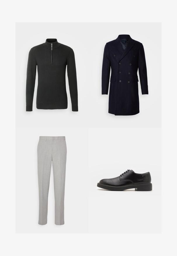 Isaac Dewhirst LONG PEA COAT - Klassischer Mantel - navy; Schwarzer gestrickter Pullover mit Viertel-Reißverschluss, langen Ärmeln, sowie geripptem Kragen und Bündchen. Schlichtes Design mit minimaler Textur und ohne Muster.; Hellgraue Hose mit glatter Textur, flachem Front und geraden Beinen. Aus atmungsaktivem Material gefertigt, mit Innentaschen und Gürtelschlaufen.; Schwarzer Leder-Schnürschuh mit abgerundetem Zeh, glatter Textur, minimaler Naht und niedrigem Gummiabsatz. Logo auf der Ferse.