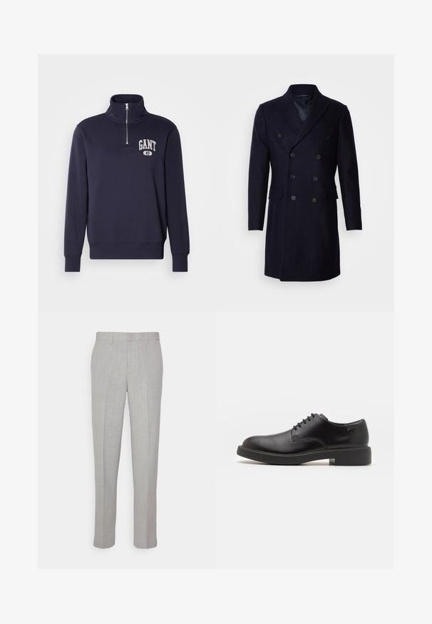 Isaac Dewhirst LONG PEA COAT - Cappotto classico - navy; Felpa blu navy con colletto alto, mezza zip e logo "GANT" in stile vintage con il numero "49" sul petto.; Pantaloni grigi chiari con una texture liscia, frontale piatto e gambe dritte. Realizzati in tessuto traspirante, dotati di tasche interne e passanti per cintura.; Scarpa nera in pelle con lacci, punta tonda, texture liscia, cuciture minime e tacco in gomma basso. Logo sul tacco.