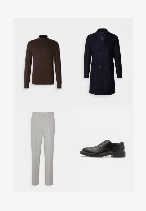 Isaac Dewhirst LONG PEA COAT - Klassisk kåpe / frakk - navy; Brun genser med høy hals laget av mykt materiale, med lange ermer og ribbestrikket krage. Glatt tekstur med en tettsittende design.; Lys grå bukser med en glat tekstur, flad front og lige ben. Fremstillet af åndbart stof og med indvendige lommer og bæltesløjfer.; Svart lær snøre sko med rund tå, glatt tekstur, minimal søm, og lav gummihæl. Logo på hælen.