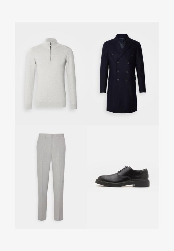 Isaac Dewhirst LONG PEA COAT - Klassinen takki - navy; Vaaleanharmaa vetoketjullinen neuletakki, joka on valmistettu pehmeästä kankaasta ja jossa on pystykaulus sekä pitkät hihat, joissa on resorit. ; Harmaat housut, joissa on sileä pinta, sileä etuosa ja suorat lahkeet. Valmistettu hengittävästä kankaasta, sisäisillä taskuilla ja vyölenkeillä varustettuna.; Mustat nahkasaappaat, joissa on pyöreä kärki, sileä pinta, minimaalinen ommel ja matala kumipohja. Logo kannassa.