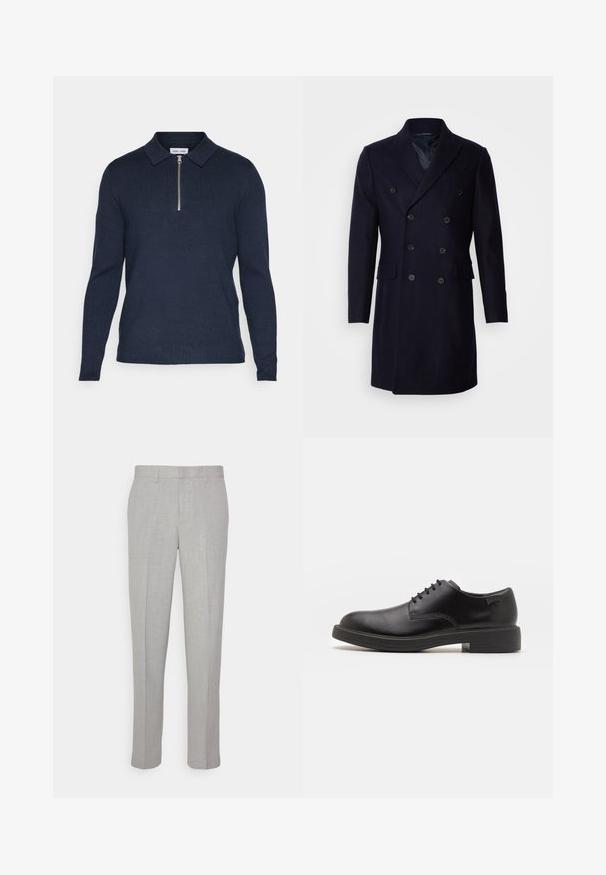 Isaac Dewhirst LONG PEA COAT - Klassisk kåpe / frakk - navy; Marineblå langermet polo med glidelås krage, laget av en teksturert strikket stoff. Har rett falm og figursydde ermer.; Lys grå bukser med en glat tekstur, flad front og lige ben. Fremstillet af åndbart stof og med indvendige lommer og bæltesløjfer.; Svart lær snøre sko med rund tå, glatt tekstur, minimal søm, og lav gummihæl. Logo på hælen.