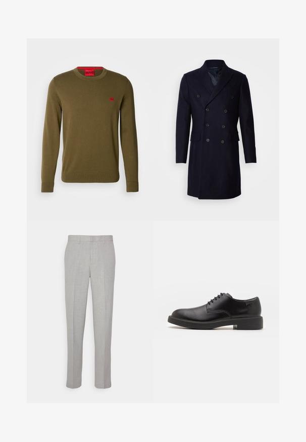 Isaac Dewhirst LONG PEA COAT - Klasszikus kabát - navy; Olíva zöld pulóver puha kötött anyagból. Jellemzője a kerek nyakkivágás, bordás mandzsetta, és egy kis piros logózás a mellkason.; Világosszürke nadrág, sima textúrával, lapos elülső résszel és egyenes lábakkal. Lélegző anyagból készült, belső zsebekkel és övjáratokkal ellátva.; Fekete bőrcipő, kerek orrú, sima felületű, minimális varrással és alacsony gumitalppal. Logó a sarokrészen.