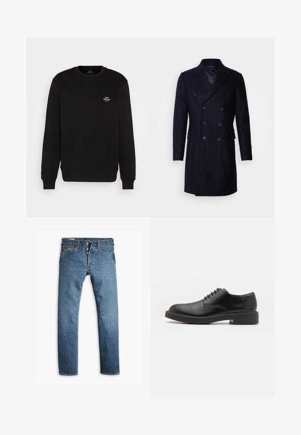 Isaac Dewhirst LONG PEA COAT - Klasický kabát - navy; Mads Nørgaard STANDARD CREW LOGO - Mikina - black; Modré džínsy s rovnými nohavicami, so zapínaním na gombíky, piatimi vreckami a jemnou vyblednutou textúrou po celom obvode.; Čierne kožené šnurovacie topánky s okrúhlou špičkou, hladkým povrchom, minimálnym prešívaním a nízkym gumovým podpätkom. Logo na podpätku.