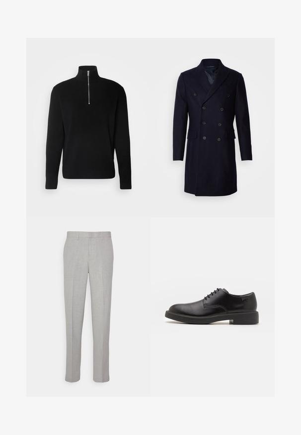 Isaac Dewhirst LONG PEA COAT - Klassikaline mantel - navy; Lindbergh HALF ZIP  - Džemper - black; Heledad hallid püksid sileda tekstuuriga, lame esiots ja sirged sääred. Valmistatud hingavast kangast, millel on sisepocketid ja vöölõngad.; Must beemel levalis kingad ümarate varvastega, sileda pinnaga, minimaalsete õmblustega ja madala kummist kontsaga. Logo kontsa peal.