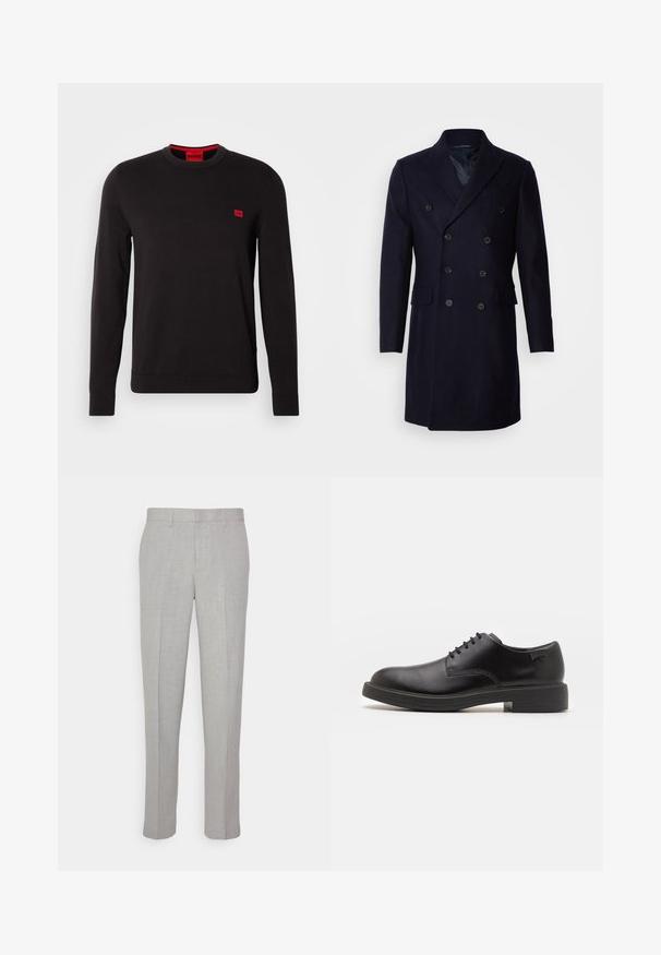 Isaac Dewhirst LONG PEA COAT - Classic coat - navy; Black crewneck sweater made of soft fabric, featuring long sleeves, ribbed cuffs, and a small red logo patch on the chest.; Light gray trousers with a smooth texture, flat front, and straight legs. Made of breathable fabric, featuring internal pockets and belt loops.; Black leather lace-up shoe with a rounded toe, smooth texture, minimal stitching, and a low rubber heel. Logo on the heel.