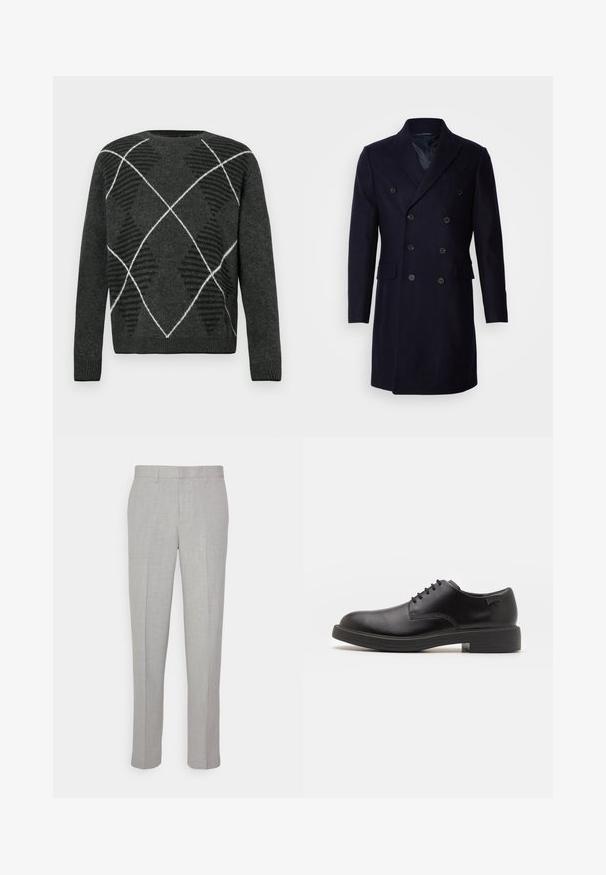 Isaac Dewhirst LONG PEA COAT - Klasisks mētelis - navy; Tumši pelēks džemperis ar struktūrētu argailu rakstu melnā un baltā krāsā. Ar apaļu kakla izgriezumu un ribotām piedurknēm. Mīksts audums, garas piedurknes.; Gai pelēki bikses ar gludu tekstūru, plakanu priekšpusi un taisnām kājām. Izgatavotas no elpojoša auduma, ar iekšējām kabatām un jostu cilpām.; Melna āda sašūta kurpe ar noapaļotu purngalu, gludu tekstūru, minimālu šuvju skaitu un zemu gumijas papēdi. Logo uz papēža.