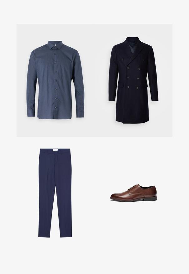 Isaac Dewhirst LONG PEA COAT - Klassischer Mantel - navy; Navyblaues Longsleeve-Shirt mit subtilen geometrischen Mustern, Knopfverschluss und klassischem Kragen. Hergestellt aus glattem Stoff mit einer eleganten Textur.; Marineblau Anzughose aus glattem Stoff, mit geradem Bund, zwei Seiten- und einem Reißverschluss, sowie einem schlichten Saum ohne Muster oder Akzente.; Braune Lederschuhe mit glatter Oberfläche, runder Zehenform und fünf Schnürösen. Sie verfügen über einen niedrigen schwarzen Absatz und minimalistische Nähte.