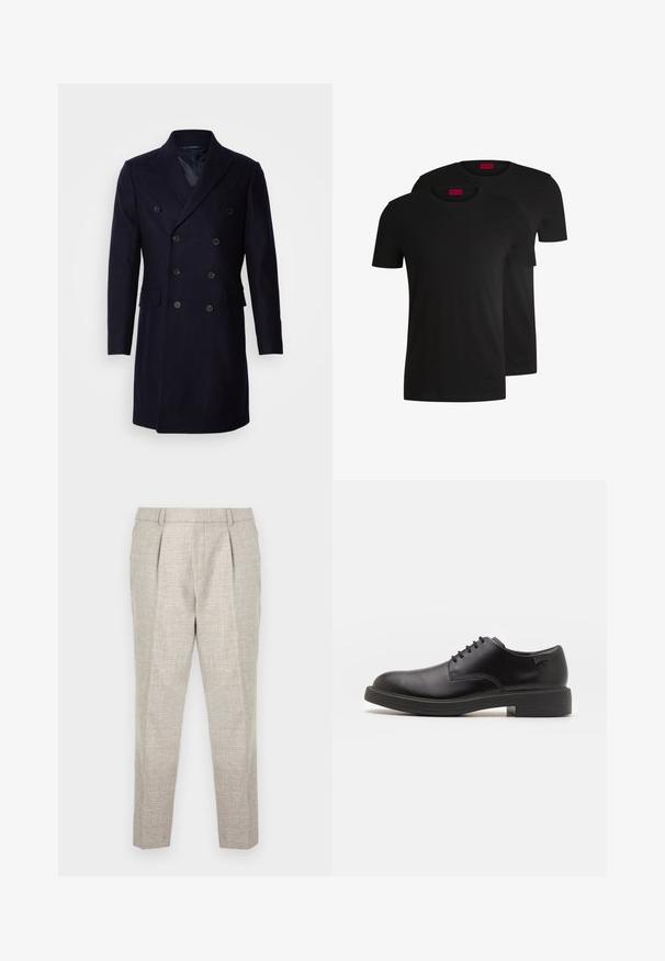 Isaac Dewhirst LONG PEA COAT - Klasisks mētelis - navy; Divas melnas kokvilnas t-krekli ar īsām piedurknēm un apkakli. Abiem ir sarkans zīmola uzlīmējums pie apkakles. Vienkāršs, klasisks dizains.; Gai pelēki pielāgoti bikses ar teksturētu audumu, ar taisnu priekšpusi, divām priekšējām krokām un šauriem, konusveida pēdu griezumiem, kas beidzas tieši virs potītēm.; Melna āda sašūta kurpe ar noapaļotu purngalu, gludu tekstūru, minimālu šuvju skaitu un zemu gumijas papēdi. Logo uz papēža.