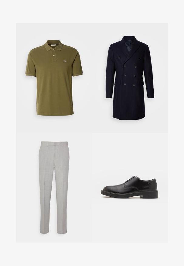 Isaac Dewhirst LONG PEA COAT - Klassisk kåpe / frakk - navy; Olivengrønn polo skjorte laget av bomull, med en tre-knapp placket, korte ermer og en brodert logo på venstre bryst.; Lys grå bukser med en glat tekstur, flad front og lige ben. Fremstillet af åndbart stof og med indvendige lommer og bæltesløjfer.; Svart lær snøre sko med rund tå, glatt tekstur, minimal søm, og lav gummihæl. Logo på hælen.