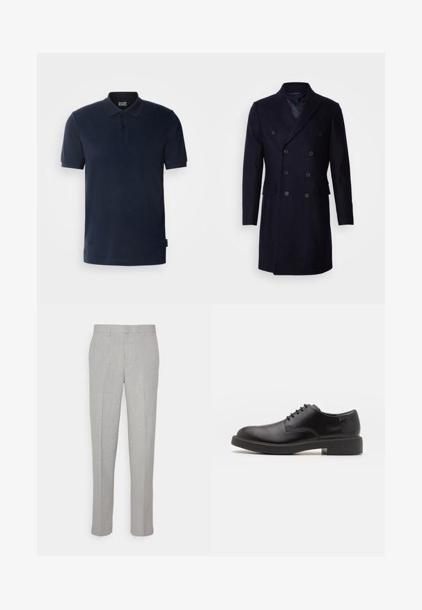 Isaac Dewhirst LONG PEA COAT - Klassinen takki - navy; Tummansininen polo-paita, joka on valmistettu puuvillasta. Paidassa on klassinen kaulus, kolme nappia, lyhyet hihat ja pieni logo vasemmassa rinnassa.; Harmaat housut, joissa on sileä pinta, sileä etuosa ja suorat lahkeet. Valmistettu hengittävästä kankaasta, sisäisillä taskuilla ja vyölenkeillä varustettuna.; Mustat nahkasaappaat, joissa on pyöreä kärki, sileä pinta, minimaalinen ommel ja matala kumipohja. Logo kannassa.