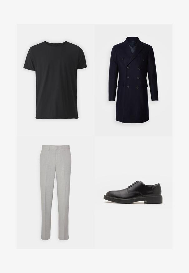 Isaac Dewhirst LONG PEA COAT - Classic coat - navy; Black short-sleeve t-shirt made of soft cotton, featuring a classic crew neckline and a smooth texture, with a straight cut.; Light gray trousers with a smooth texture, flat front, and straight legs. Made of breathable fabric, featuring internal pockets and belt loops.; Black leather lace-up shoe with a rounded toe, smooth texture, minimal stitching, and a low rubber heel. Logo on the heel.