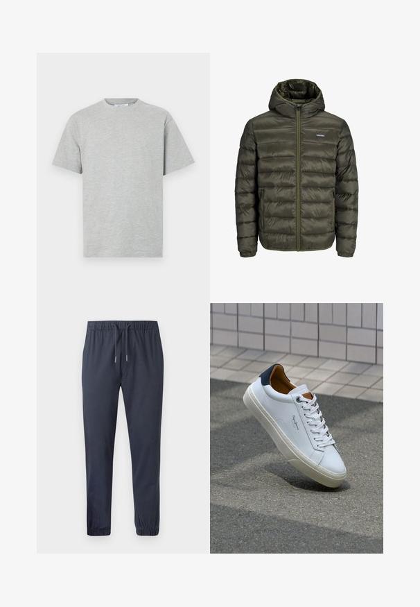 Jack & Jones JJVINCENT PUFFER HOOD - Übergangsjacke - rosin; Graues Baumwoll-T-Shirt mit Rundhalsausschnitt, kurzen Ärmeln und lockerer Passform. Glatte Textur ohne sichtbare Muster oder Akzente.; Marineblaue, tapered Jogginghosen mit elastischem Bund, Kordelzug und elastischen Bündchen, aus einem glatten, leichten Stoff.; Weiße Ledersneaker mit navyfarbenem Fersenbereich, runder Zehenpartie und kontrastierenden braunen Akzenten. Verfügt über flache Schnürsenkel und eine strukturierte Gummisohle.