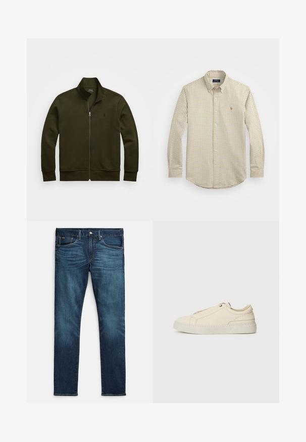 Polo Ralph Lauren DOUBLE-KNIT TRACK JACKET - Casaco de treino - company olive; Camisa de botão de mangas longas em padrão xadrez bege e castanho, com colarinho clássico e pequeno logotipo, feita de tecido tecido.; Jeans azul escuro feitos de denim, com um corte slim, cinco bolsos, costura laranja contrastante e design de perna reta.; Sneakers de pele bege com biqueira arredondada, design minimalista, detalhes de costura subtis e parte superior texturizada, em sola clara.