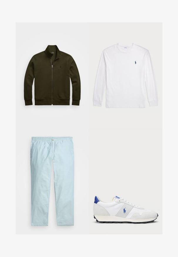 Polo Ralph Lauren DOUBLE-KNIT TRACK JACKET - Tréning dzseki - company olive; Fehér, hosszú ujjú póló, pamutból készült. Kerek nyakkivágással, bordás mandzsettákkal és egy kis sötétkék polo logóval a bal mellen.; Világoskék, pamutkeverék nadrág rugalmas derékkal, elülső gombbal és egyenes szárakkal. Finom textúrával és oldalsó zsebekkel rendelkezik.; Fehér sportcipő szürke velúr részletekkel, hálós felsőrész, kék sarkú fül és fekete gumi talp. Felszereltségéhez tartozik a fűzős záródás és a logó.