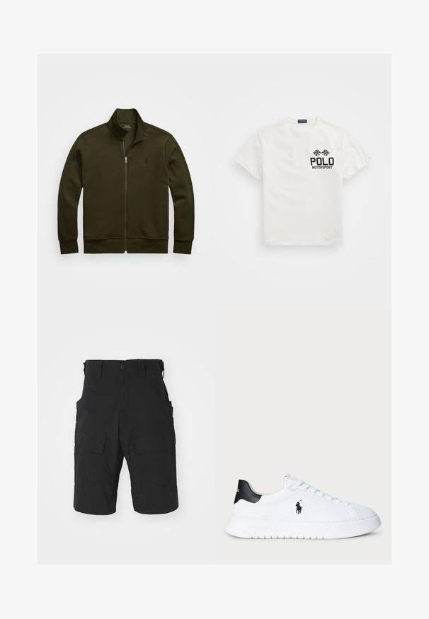 Polo Ralph Lauren DOUBLE-KNIT TRACK JACKET - Spordijakk - company olive; Valge puuvillane T-särk ümmarguse kaelusega, millel on must "Polo Motorsport" logo ja ristatud ruudulipud vasakul rinnal.; Mustad mustad lühikesed püksid, mis on valmistatud kerge kangaga, millel on mitmed taskud, nupuga sulgemine ja lõdvenenud istuvus, mille pikkus ulatub põlvedeni.; Valged madala varrega tennisesokid musta kandiga ja musta Polo Ralph Laureni logoga külgedel, valgete paeltega ja paksu kummitaldiga.