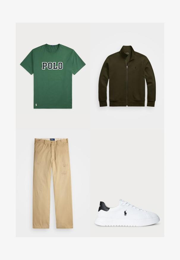 Polo Ralph Lauren DOUBLE-KNIT TRACK JACKET - Treniņjaka - company olive; Zaļš kokvilnas T-krekliņš ar lielu "POLO" logo baltā un tumši zilā krāsā. Īsas piedurknes, apaļš kakla izgriezums un neliels logo elements apakšmalā.; Beige kokvilnas bikses ar taisnu piegriezumu. Iezīmēts ar izsistiem laukumiem un izšuvumiem priekšpusē. Klasiska pogu un rāvējslēdzēja aizdare.; Baltas zems sports apavi ar melnu papēdi un melnu Polo Ralph Lauren logotipu sānos, ar baltām auklām un biezu gumijas zoli.