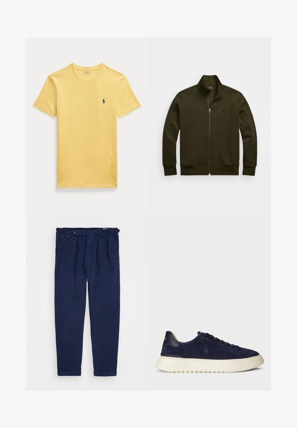 Polo Ralph Lauren DOUBLE-KNIT TRACK JACKET - Sportovní bunda - company olive; Žluté bavlněné tričko s kulatým výstřihem a krátkými rukávy. Na levé straně hrudi je malý modrý vyšívaný motiv.; Námořnické chinos kalhoty vyrobené z bavlny, s rovnými nohavicemi, předními sklady, zapínáním na knoflík a ohrnutými manžetami. Hladká textura s minimalistickým designem.; Navy semišové nízké tenisky s texturovaným povrchem, gumovou podrážkou a tónovacími šňůrkami, s malým logem na boku a patě.