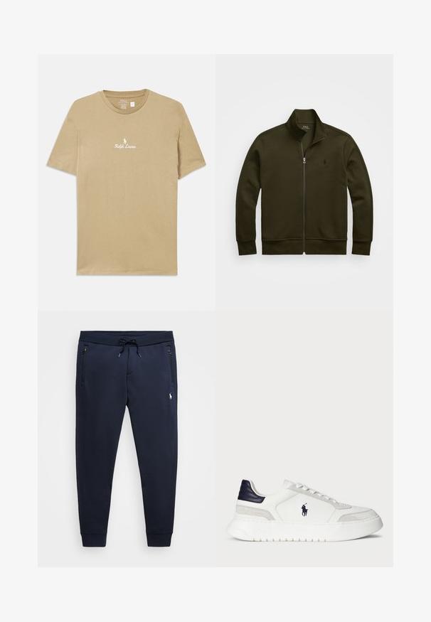 Polo Ralph Lauren DOUBLE-KNIT TRACK JACKET - Casaco de treino - company olive; T-shirt de algodão bege com mangas curtas, apresentando um logótipo bordado branco "Ralph Lauren" e um gráfico de um pônei no peito.; Calças de fato de treino azul-marinho, feitas de uma mistura de algodão suave, com cintura ajustável, bolsos com fecho éclair e um pequeno logótipo na coxa esquerda.; Sapatilha baixa branca com detalhes em camurça, remendo na parte de trás em azul marinho, e logo da Polo na lateral, apresentando uma sola robusta e um design com atacadores.