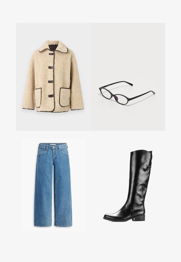 Beige fleece jack met een kraag, vijf knopen aan de voorkant en bruine piping. Beschikt over twee grote zijzakken.; Grijze cropped trui met een hoge halslijn, geribde boorden en zoom, en verlaagde schouders. Zachte textuur met minimale naden.; Lichtblauwe wijde jeans van denim, met een hoge taille, vijf zakken en een klassieke knoopsluiting. Recht gesneden van de dij tot de zoom.; Zwarte leren kniehoog laars met een ronde neus, een lichte hak, een zijgesp-detail en een gladde, glanzende textuur.; Zwarte kunststof brillen met een ovale vorm, voorzien van heldere lenzen en een paarse accent op de linkerlens. Strak, minimalistisch ontwerp.; Zwarte leren hobo tas met een zachte, gebogen vorm. Heeft een brede bovenhandgreep en plooien aan de onderkant voor een slappe textuur.