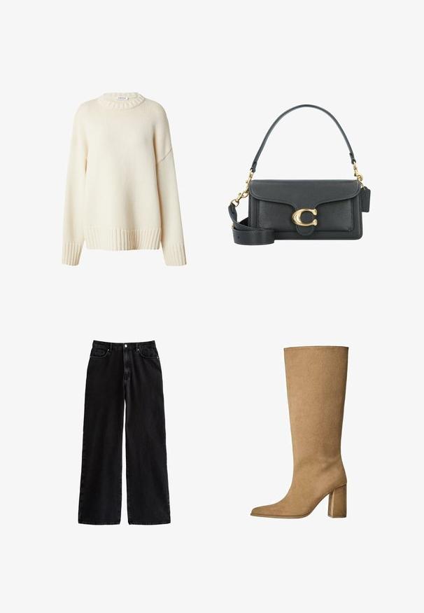 Beige Fleecepullover mit einem Kragenhals, fünf Vorderknöpfen und braunen Paspelierungen. Verfügt über zwei große Seitentaschen.; EDITED Strickpullover - weiß; Schwarze, weit geschnittene Jeans mit hoher Taille, im klassischen Fünf-Taschen-Design und mit Knopfverschluss, aus strapazierfähigem Baumwollstoff gefertigt.; Hellbraune Wildleder-Stiefel bis zum Knie mit Blockabsatz, spitz zulaufender Zehenform und glatter Textur. Minimalistisches Design ohne Verzierungen.; Schwarze Lederhandtasche mit goldenen Hardware-Akzenten, ausgestattet mit einem charakteristischen Verschluss, einem abnehmbaren Schultergurt und einer strukturierten Oberfläche.; sweet deluxe STATEMENT STUD EARRING BEADS - Ohrringe - gold-coloured/white