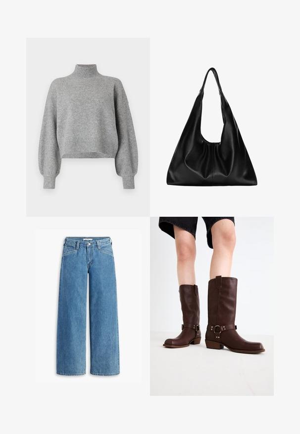 Jachetă beige din polar cu guler, cinci butoane frontale și margine maro. Dispune de două buzunare laterale mari.; Pulover scurt gri cu guler înalt, mâneci și tiv cu nervuri și umeri lăsați. Textură moale cu cusături minime.; Jeans largi de culoare bleu deschis, din denim, cu talie înaltă, cinci buzunare și închidere clasică cu nasturi. Croială dreaptă de la coapsă până la margine.; Cizme din piele maro, până la genunchi, cu vârf rotunjit, suprafață texturată, curea la gleznă și detalii din metal argintiu; toc înălțat.; Geantă hobo din piele neagră, cu o formă moale și curbată. Prezintă un mâner lat în partea de sus și pliuri la bază pentru o textură lejeră.