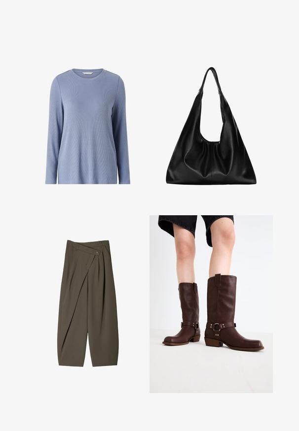 Beige fleecejakke med krave, fem knapper foran og brun piping. Har to store sidelommer.; Langærmet, ribbet top i blød blå. Har rund halsudskæring og afslappet pasform. Fremstillet af et glat, let materiale.; Bredde-bukser i mørke olivengrønne stoffer, med en plisseret frontdesign, en knaplukning og en poleret, struktureret overflade.; Brune læder knæhøje støvler med rund tå, struktureret overflade, ankelrem og sølvhardware detaljer; stablet hæl.; Sort læder hobo taske med en blød, buet form. Har en bred toprem og rynker i bunden for en afslappet struktur.