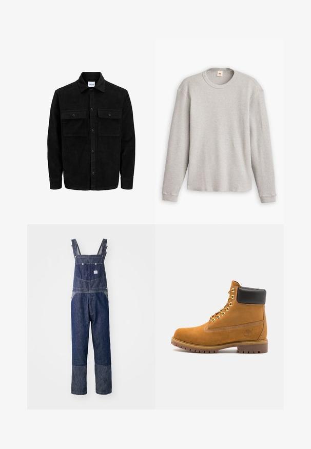 Chaqueta de pana negra con botones, dos bolsillos delanteros con solapa y un cuello clásico, mangas largas y textura acanalada.; Suéter de punto gris de manga larga con textura acanalada, cuello redondo y dobladillo recto. Los puños son ajustados y están hechos de una tela suave.; Pantalones de mezclilla azules con tirantes a rayas, que incluyen un bolsillo frontal y un patrón de rayas contrastantes en los dobladillos. Con tirantes ajustables.; Botín de ante marrón claro con collar acolchado negro, ojales de metal dorado, detalles de costura blanca y suela de goma resistente con tacos pronunciados.