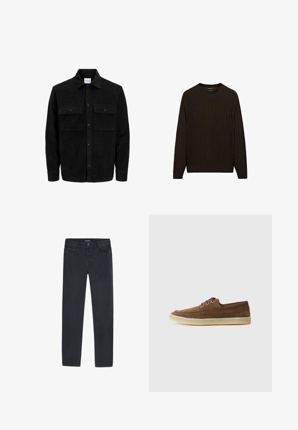 Black corduroy button-up jacket with two front flap pockets and a classic collar, long sleeves, and ribbed texture.; Brown ribbed sweater with long sleeves and a round neck. Features a textured fabric and a snug fit at the waist and cuffs.; Black denim jeans with a straight-leg cut, featuring front pockets, a button closure, and minimal stitching details.; Brown suede shoes with a low profile, laced design, rubber sole, and contrasting stitching details. Simple and functional style.