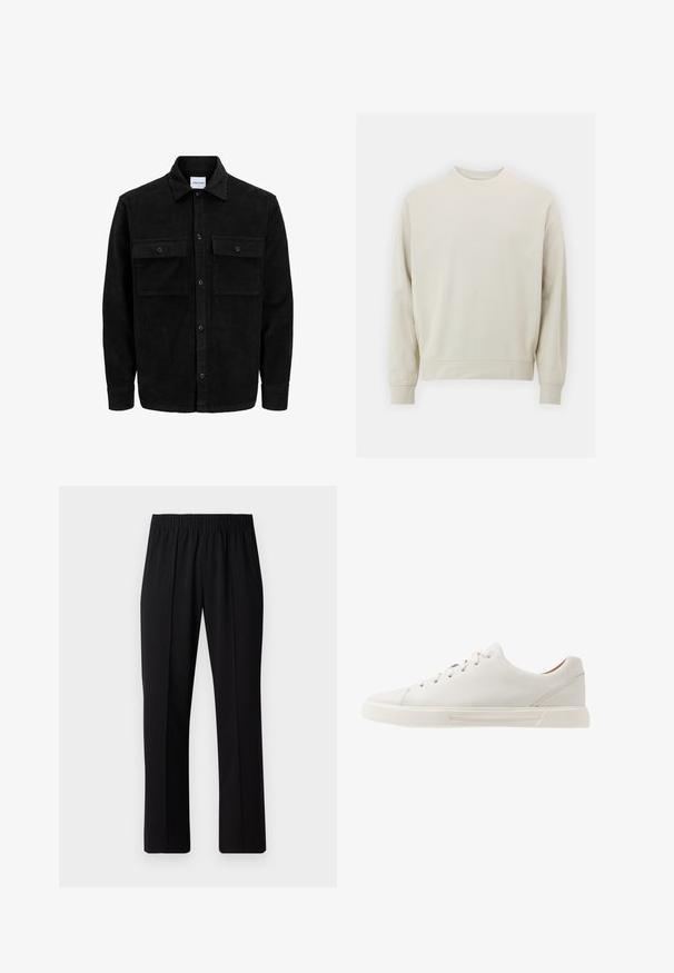 Svart kordfløyels knappjakke med to frontlommer med klaff og klassisk krage, lange ermer og ribbet tekstur.; Lys beige sweatshirt laget av myk stoff med rund hals, lange ermer og ribbestrikkede mansjetter og hem. Minimalistisk design, ingen synlige mønstre.; Svart, elastisk midjebukser med rett ben-design, med en glatt tekstur og uten synlige mønstre eller maskinvare.; Hvite skinn sneakers med flat snøring, rund tå og glatt tekstur. Har gummisåle med minimale detaljf Super enkelt.