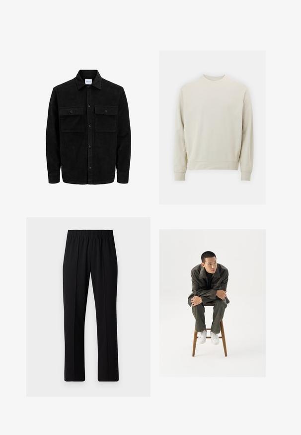 Čierna kordúrová bunda s gombíkmi, dvoma prednými vreckami so záklopkou a klasickým golierom, dlhými rukávmi a ryhovanou textúrou.; Svetlo béžová mikina vyrobená z mäkkej tkaniny s okrúhlym výstrihom, dlhými rukávmi a pruhovanými manžetami a lemom. Minimalistický dizajn, bez viditeľných vzorov.; Čierne nohavice s elastickým pásom a rovnými nohavicami, majú hladkú textúru a žiadne viditeľné vzory ani kovové doplnky.; Hnedá kožená bunda so širokým golierom, skombinovaná s tmavozelenými džínsami a bielymi teniskami. Model sedí na drevenej stoličke.