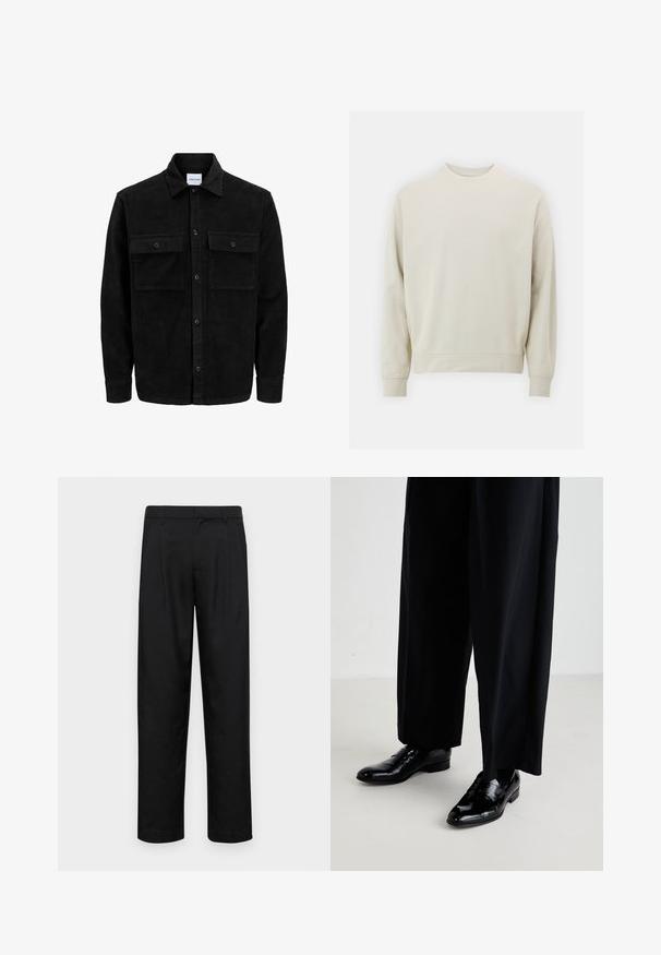 Giacca in corduroy nera con bottoni, due tasche anteriori con patta, colletto classico, maniche lunghe e texture a coste.; Felpa beige chiaro realizzata in morbido tessuto con collo rotondo, maniche lunghe e polsini e orlo a costine. Design minimalista, senza motivi visibili.; Pantaloni neri realizzati in tessuto liscio, caratterizzati da un taglio dritto, due pieghe frontali e una vita standard con passanti per la cintura.; Scarpe eleganti in pelle nera con finitura lucida, dotate di una punta liscia e tacco basso, abbinate a pantaloni neri larghi.