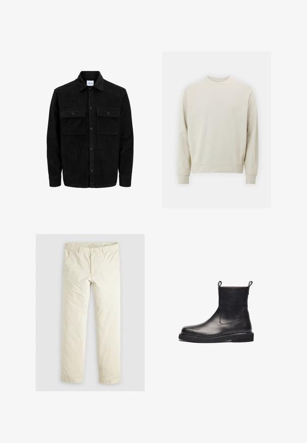 Svart kordfløyels knappjakke med to frontlommer med klaff og klassisk krage, lange ermer og ribbet tekstur.; Lys beige sweatshirt laget av myk stoff med rund hals, lange ermer og ribbestrikkede mansjetter og hem. Minimalistisk design, ingen synlige mønstre.; Lys beige løse bukser med tre lommer, beltestropper og rett ben-design. Laget av et mykt bomullsblandingsstoff.; Svart skinnankelsko med en jevn finish, elastiske sidestykker og løkkefester, med en avrundet tå og flat gummisåle.