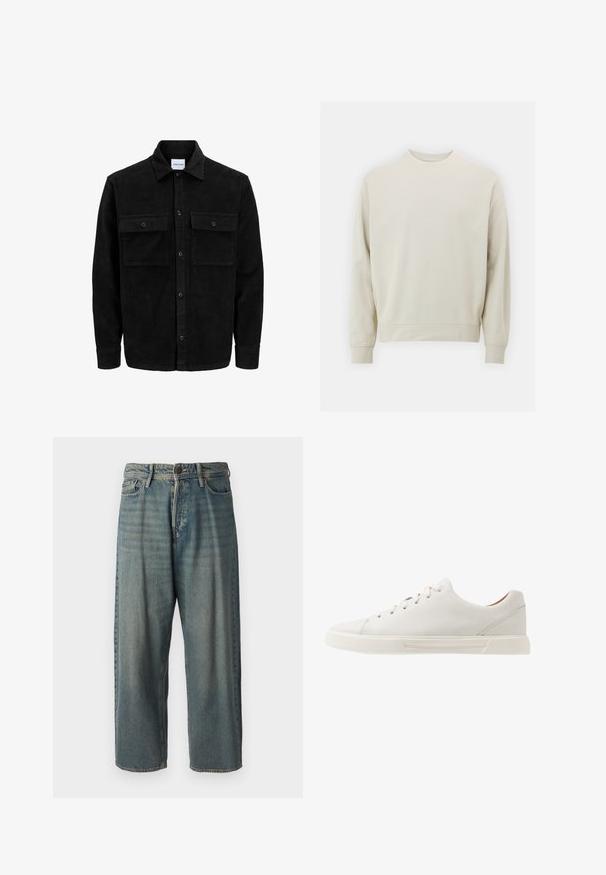 Crni kožni kord jakna na dugmad s dva prednja džepa s preklopom i klasičnim ovratnikom, dugim rukavima i rebrastom teksturom.; Svijetlosmeđa majica s dugim rukavima izrađena od mekanog materijala, s okruglim izrezom i rebrastim manžetama i rubom. Minimalistički dizajn, bez vidljivih uzoraka.; Svijetloplave traperice s širokim krojem, srednjim pojasom i ravnim nogavicama. Ima pet džepova, petlje za remen i kopčanje na gumb.; Bijele kožne tenisice s ravnim vezicama, okruglim vrhom i glatkom teksturom. Imaju gumeni potplat s minimalnim detaljima.