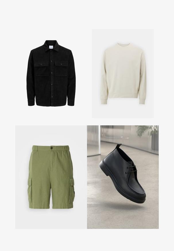 Giacca in corduroy nera con bottoni, due tasche anteriori con patta, colletto classico, maniche lunghe e texture a coste.; Felpa beige chiaro realizzata in morbido tessuto con collo rotondo, maniche lunghe e polsini e orlo a costine. Design minimalista, senza motivi visibili.; Pantaloni cargo verdi con vestibilità rilassata, realizzati in tessuto leggero. Presentano tasche laterali e chiusura frontale con bottone.; Scarpa in pelle nera con una texture liscia, punta tondeggiante e design con lacci; presenta una suola a profilo basso e un inserto posteriore per il sollevamento.