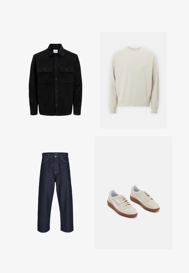 Melnas kordūru pogu jaka ar divām priekšējām atloka kabatām un klasisku apkakli, garām piedurknēm un ribotu tekstūru.; Gaišs bežs džemperis, kas izgatavots no mīkstas auduma, ar noapaļotu kakla izgriezumu, garām piedurknēm un ribotām aprocēm un apakšmalu. Minimālistisks dizains, bez redzamām rakstām.; Tumši zili džinsu platā kāju bikses ar vidēju jostas augstumu, kurām ir dzeltenās šuves, priekšējais pogu aizdare un klasiskā piecu kabatu dizains.; Beige zamšveida sporta apavi ar baltām ādas akcentiem un brūniem gumijas zole. Iespējas: apaļa purngala forma, šņorēšana un zelta logo sānos.