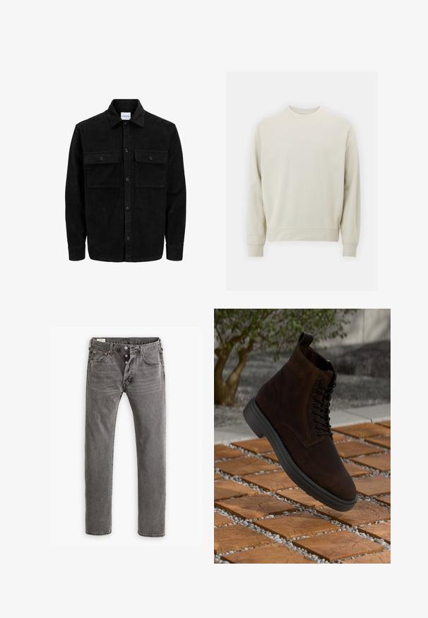 Juodas velveto mygtukų švarkas su dviem priekiniais kišenėmis su atvartais, klasikiniu apykakle, ilgomis rankovėmis ir raukšlėtu paviršiumi.; Šviesiai smėlinis džemperis, pagamintas iš minkštos medžiagos, su apvaliu kaklu, ilgomis rankovėmis, ir rebrastu rankogaliu bei apatine dalimi. Minimalistinis dizainas, be matomų raštų.; Pilkos džinsinės kelnės su tiesiu kirpimu, mygtukų užsegimu, penkių kišenių dizainu ir oranžinėmis siūlėmis.; Rudi zomšiniai auliniai batai su juodomis skylutėmis ir raišteliais, apvaliu pirštu ir juodu guminiu padu. Rodo tekstūruotą paviršių ir kulno kilpą.